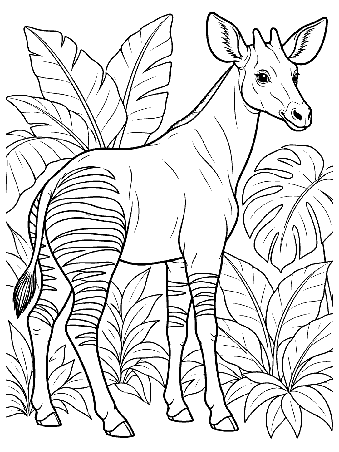 Full-body okapi with striped hindquarters and long neck surrounded by tropical leaves
