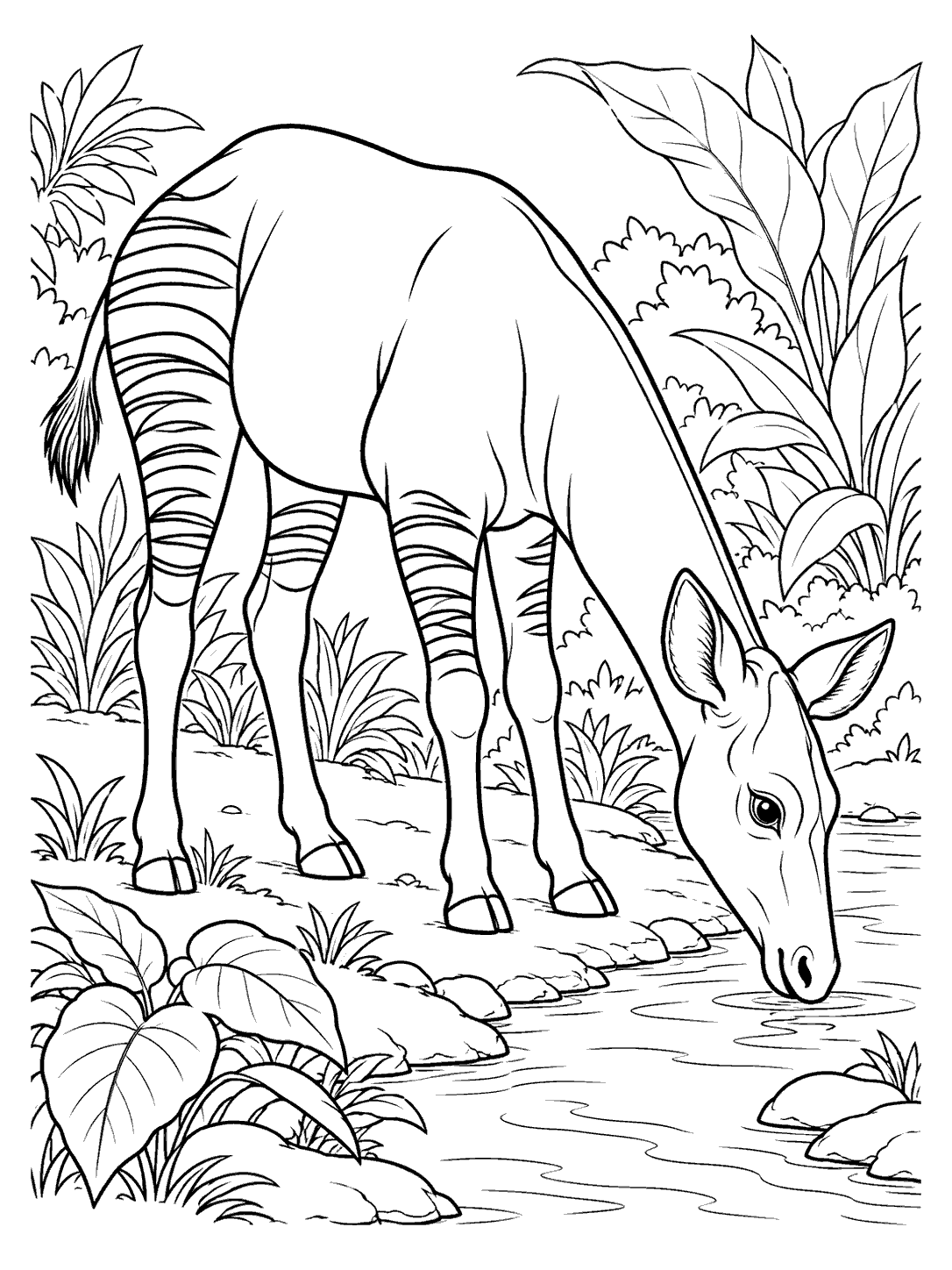 Black and white coloring page showing an okapi drinking at a narrow stream, with all four legs visible and broad plants nearby.