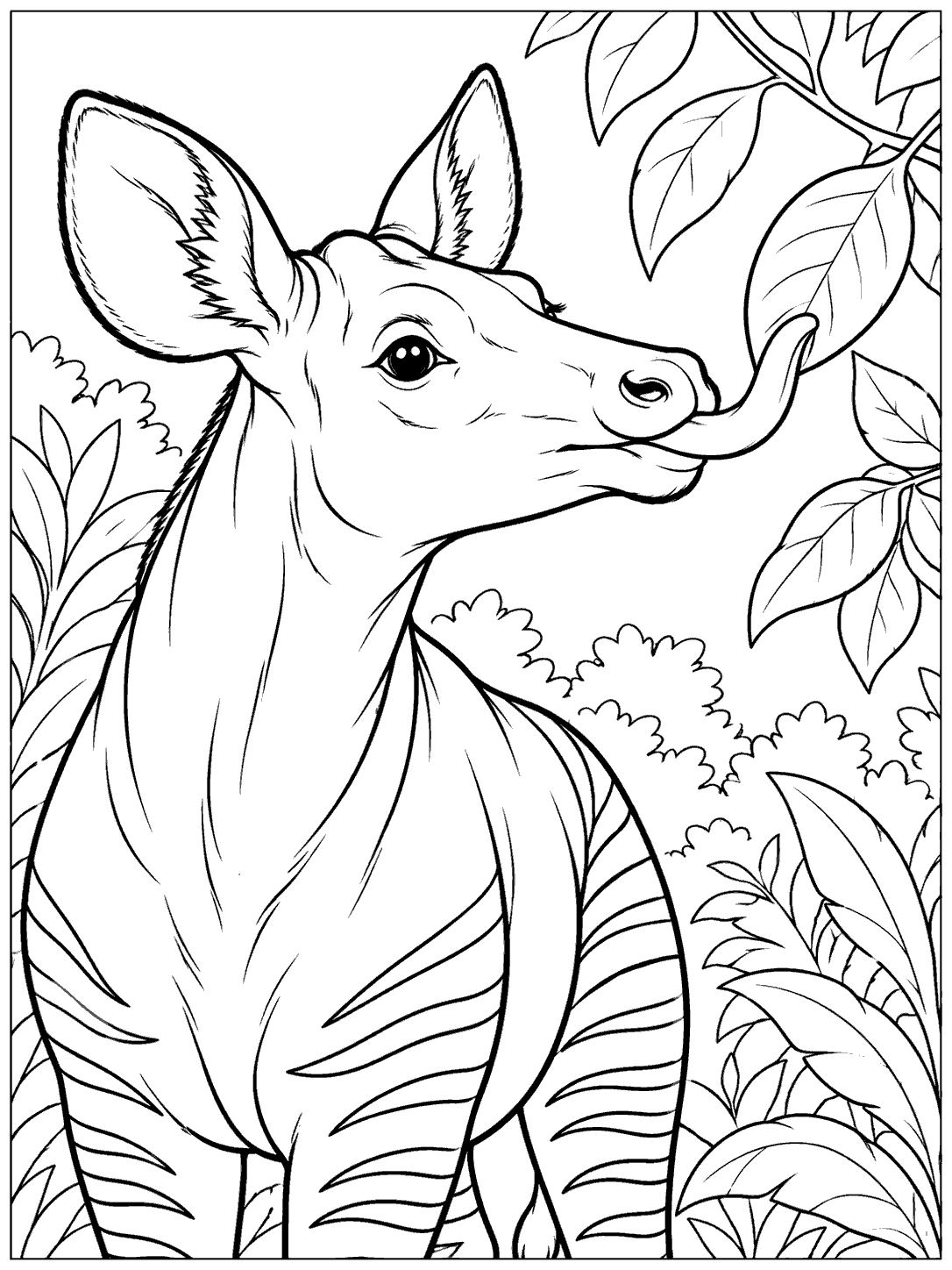 Close view of an okapi reaching its tongue toward leaves, with striped shoulders and surrounding foliage.