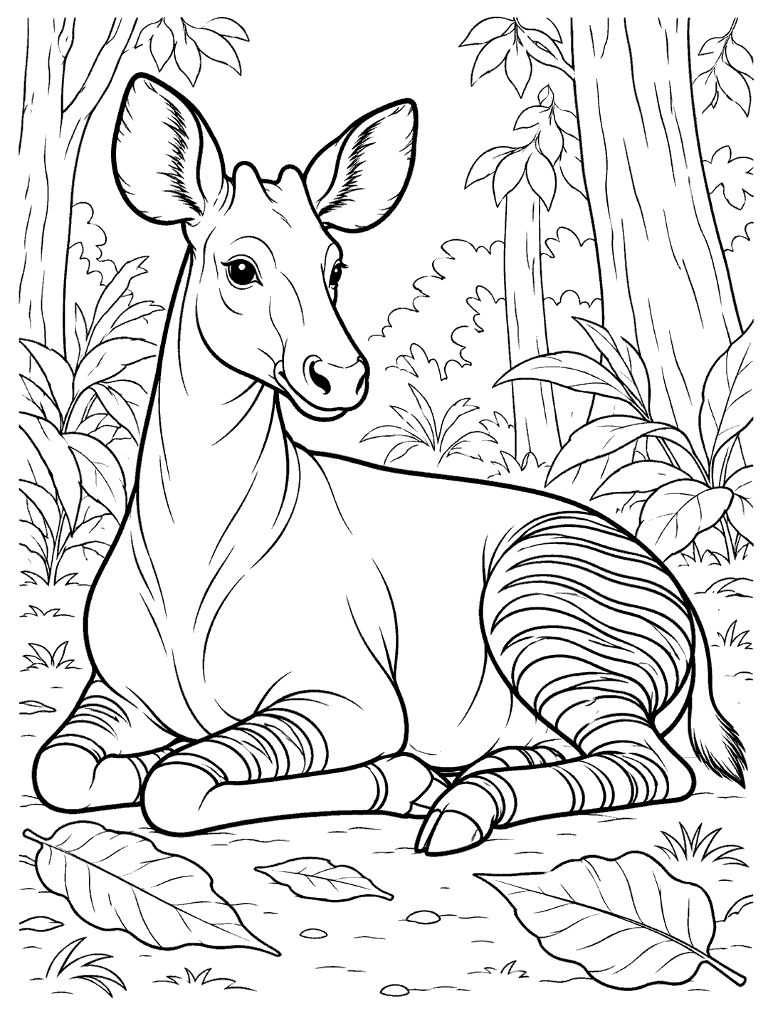 An okapi resting on folded legs among leaves in a forest