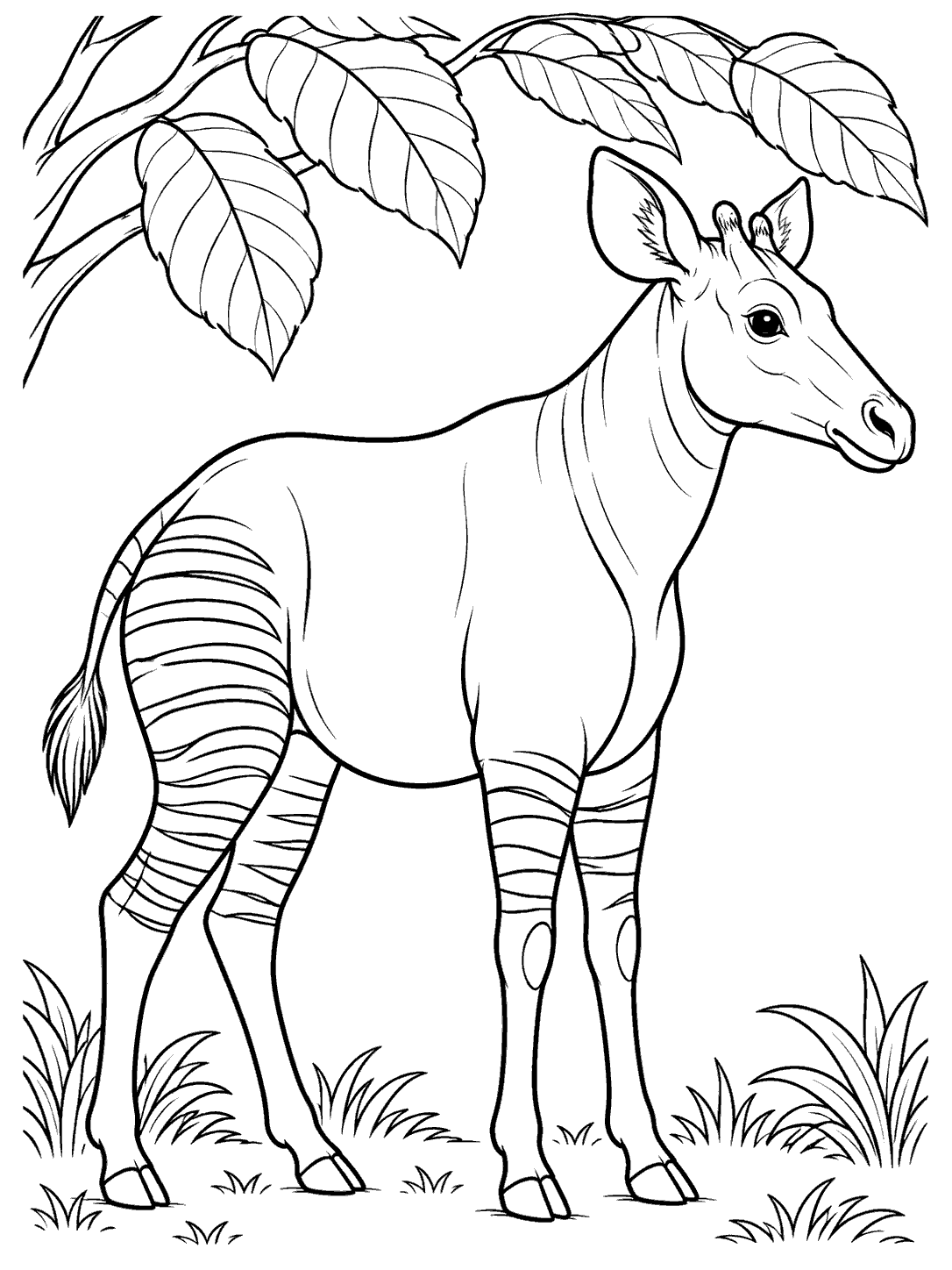 Full-body okapi standing beneath large leaves, with striped legs and open space around its body.