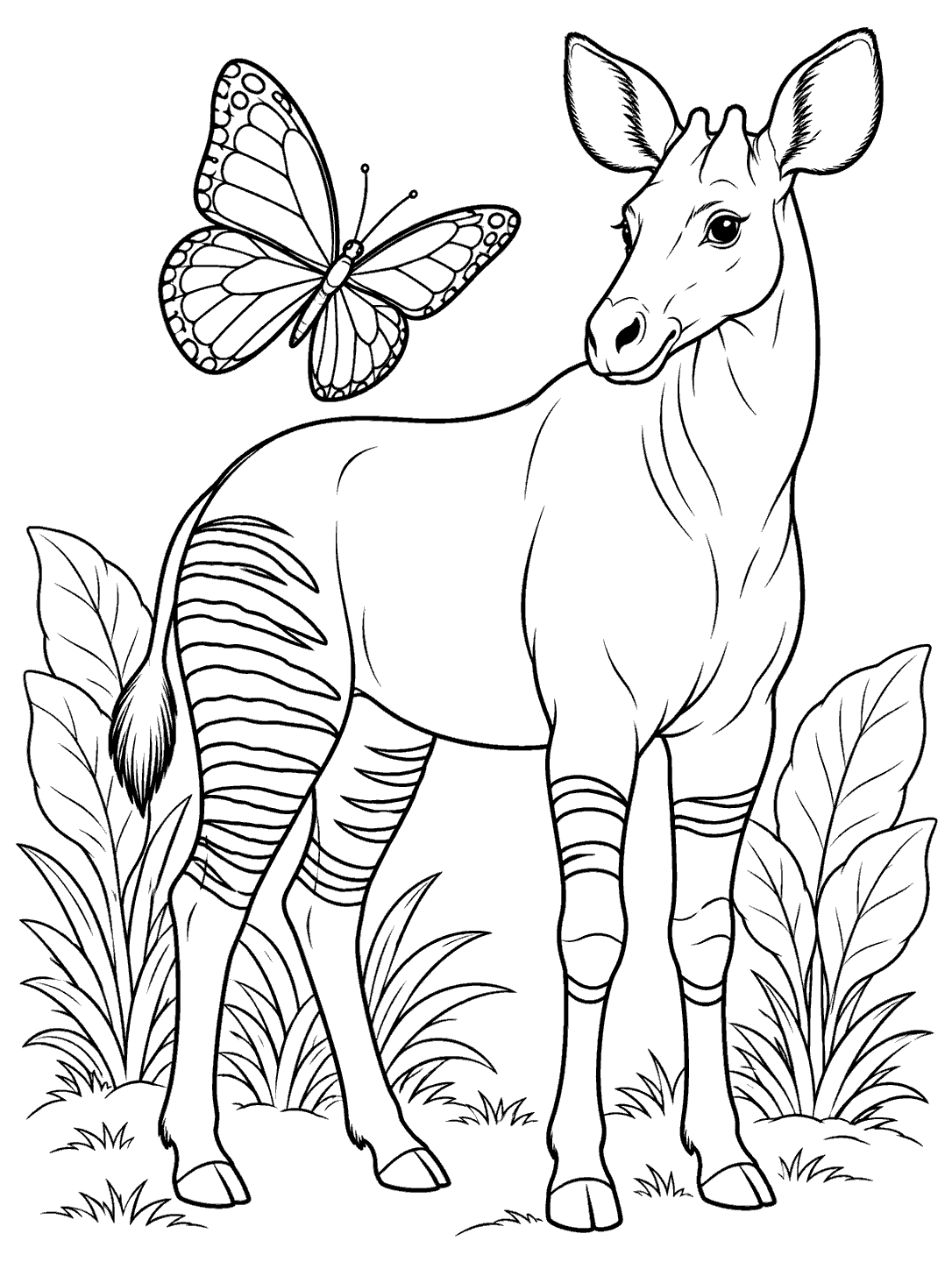 A standing okapi with clearly striped legs and a large separate butterfly, surrounded by broad plants in black and white line art.