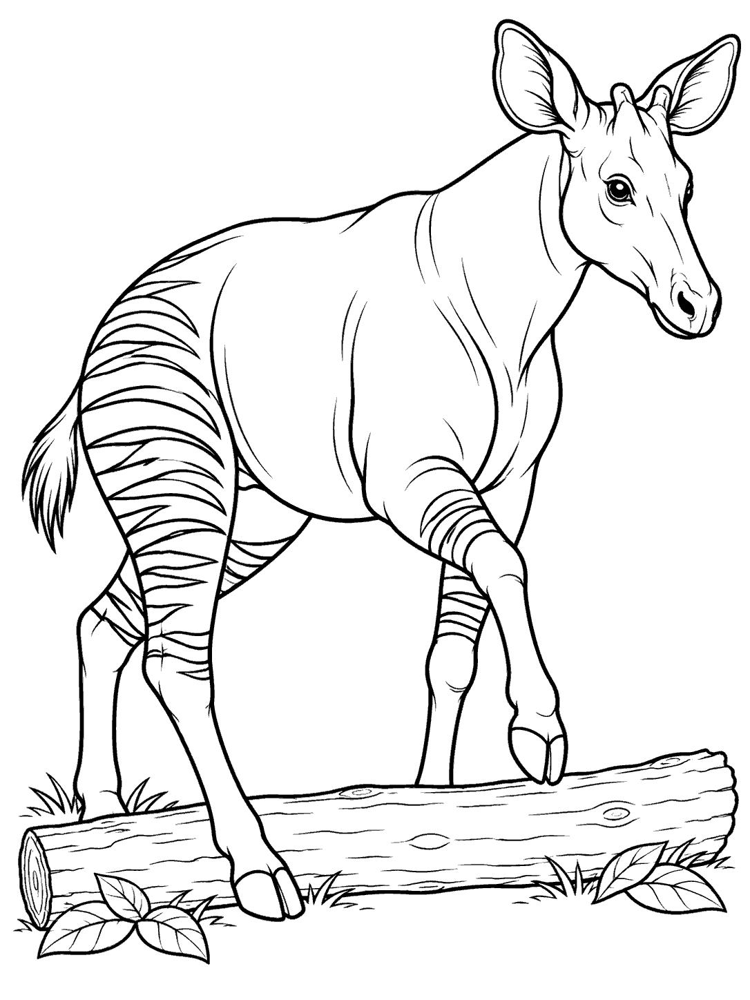 Okapi with striped hindquarters stepping over a fallen log, with leaves at ground level.
