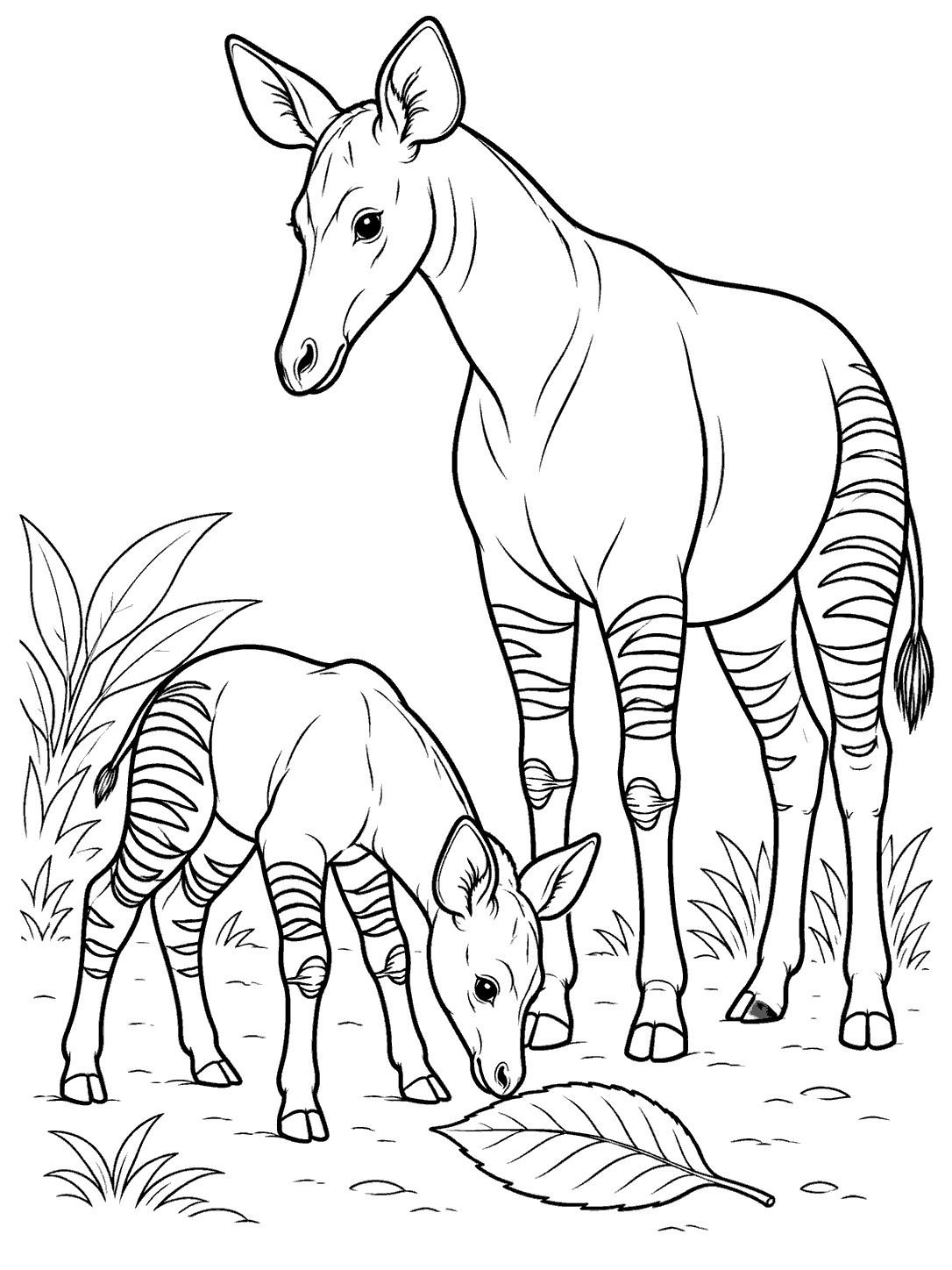 A striped-leg okapi calf lowers its head toward a large leaf beside an adult okapi.