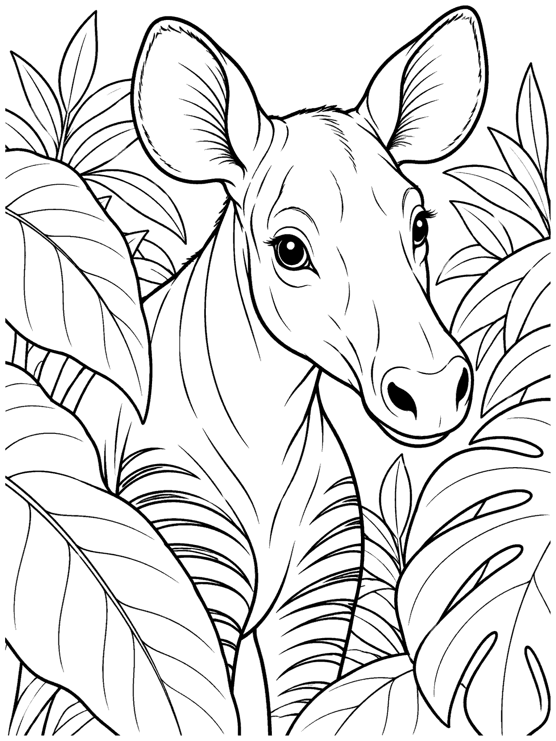 An okapi’s head, long neck, and shoulders framed by large tropical leaves.