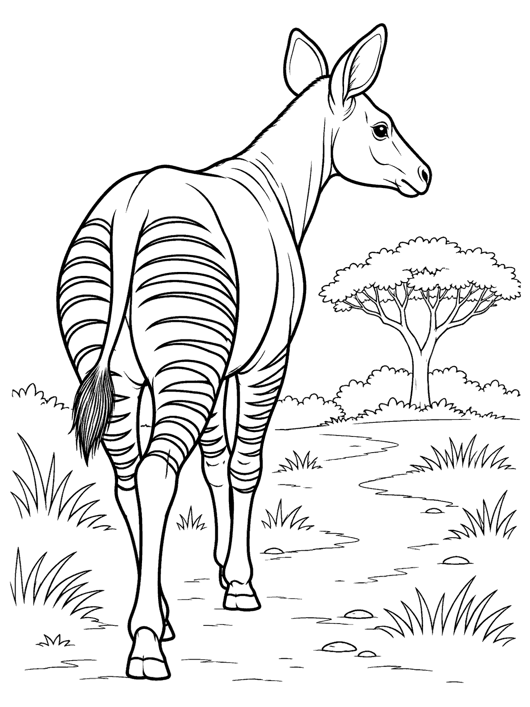 Rear three-quarter view of a long-necked okapi with large ears and striped hindquarters, walking toward a tree along a simple path.
