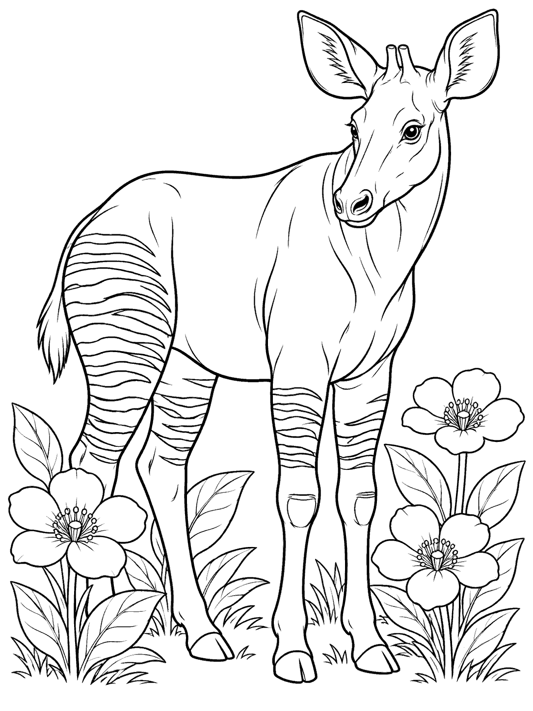 Black-and-white coloring page showing a full-body okapi with striped legs and hindquarters among three large woodland flowers and leaves.