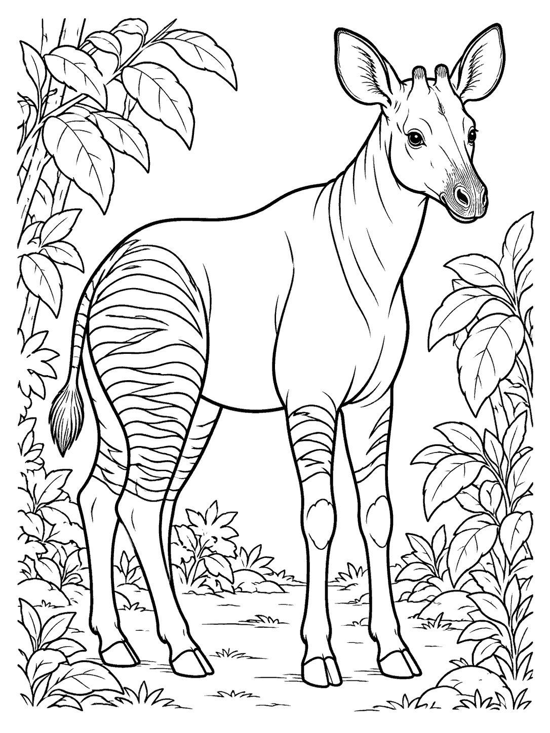 Black-and-white coloring page of a standing okapi with striped legs and hindquarters, framed by leafy plants.