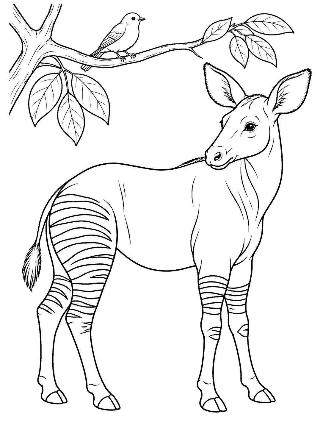 Full-body okapi beneath a leafy branch with a small bird perched above