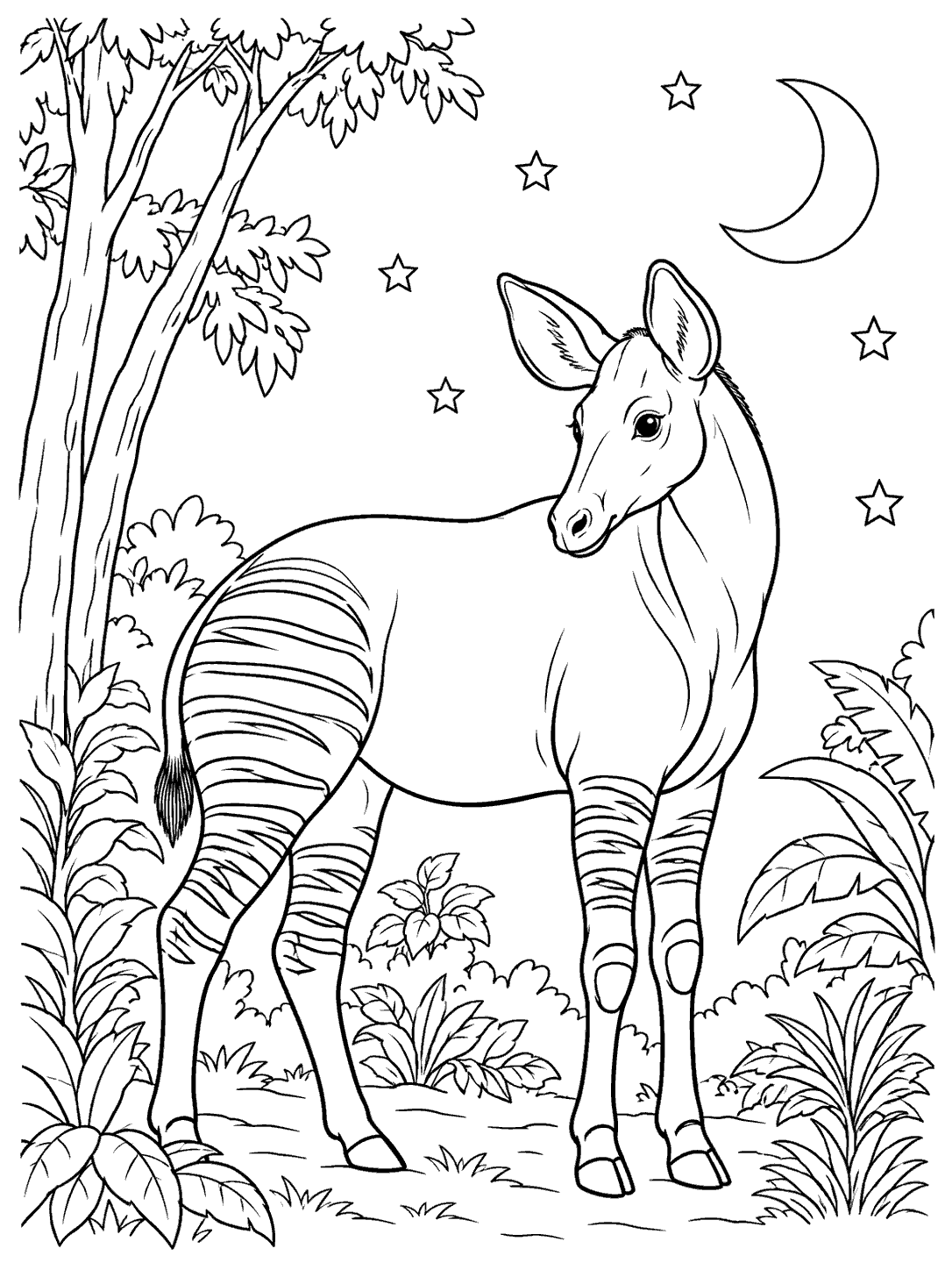 Full-body striped okapi beneath a crescent moon and stars among forest plants