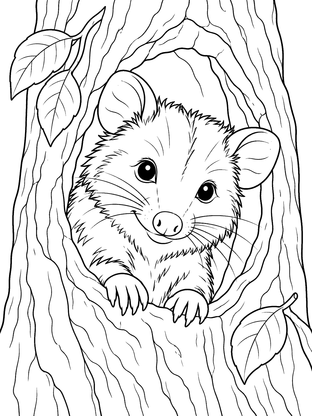 Black-outline coloring page of a friendly opossum peeking from a hollow tree, with broad bark curves and three leaves.