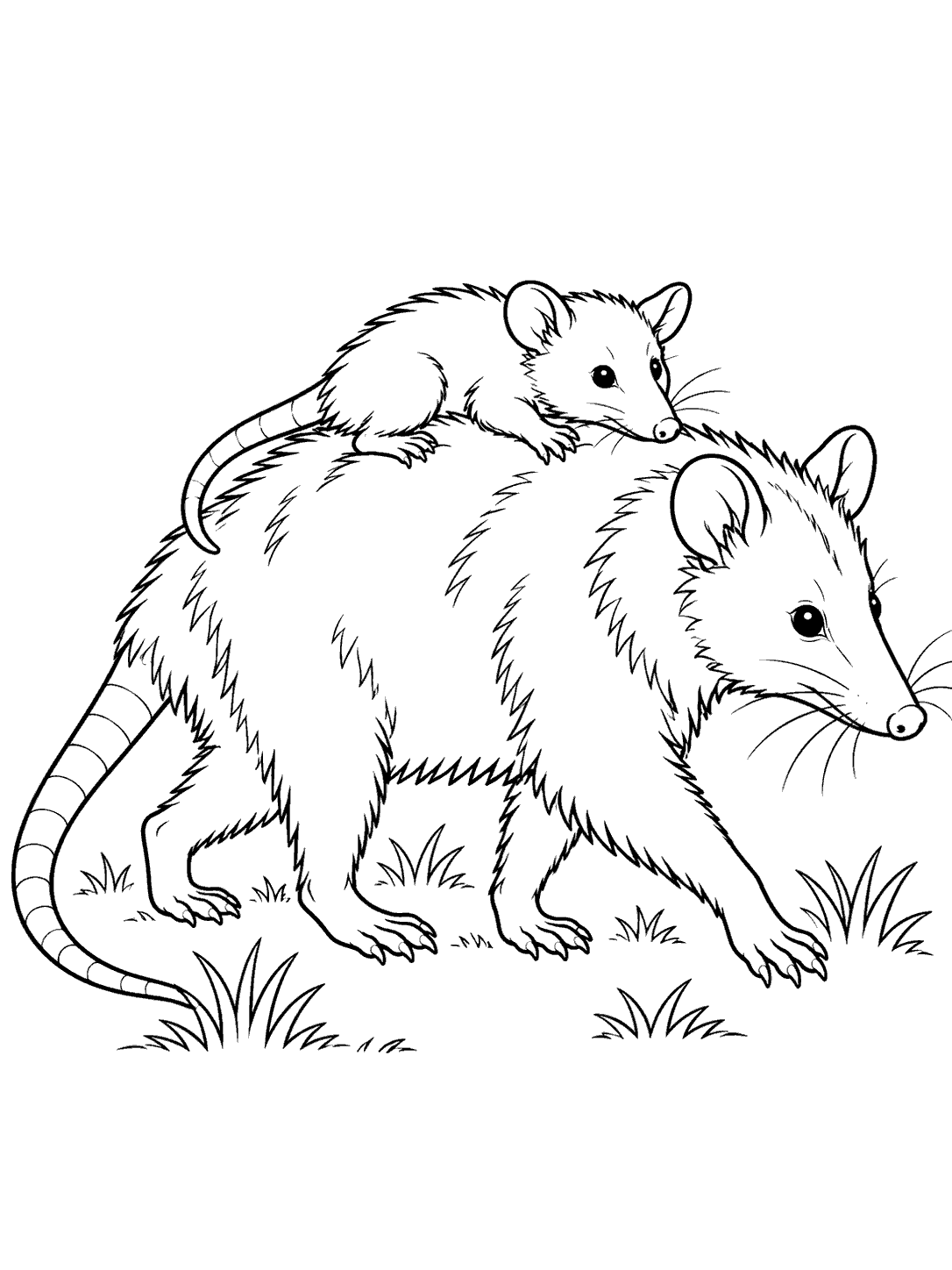 A baby opossum riding on its parent’s back in a black-and-white coloring page