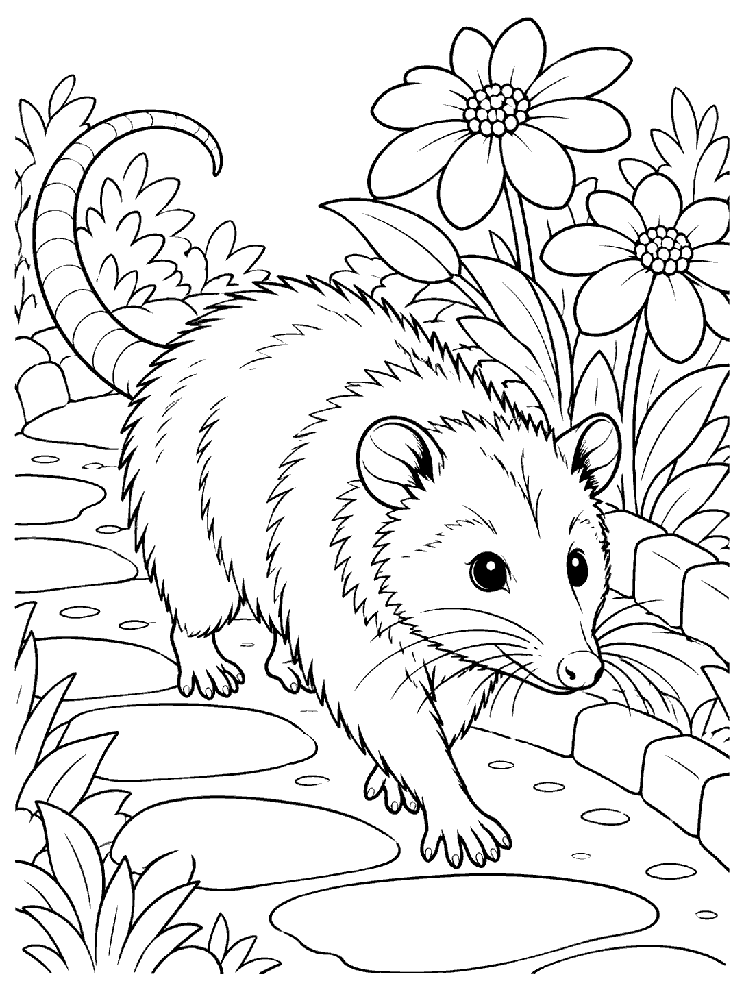 Black-and-white opossum strolling along a garden path with flowers and a low garden border, coloring page