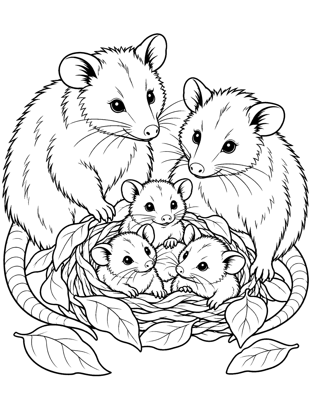 Two adult opossums and three joeys gathered around a leafy nest in a coloring page
