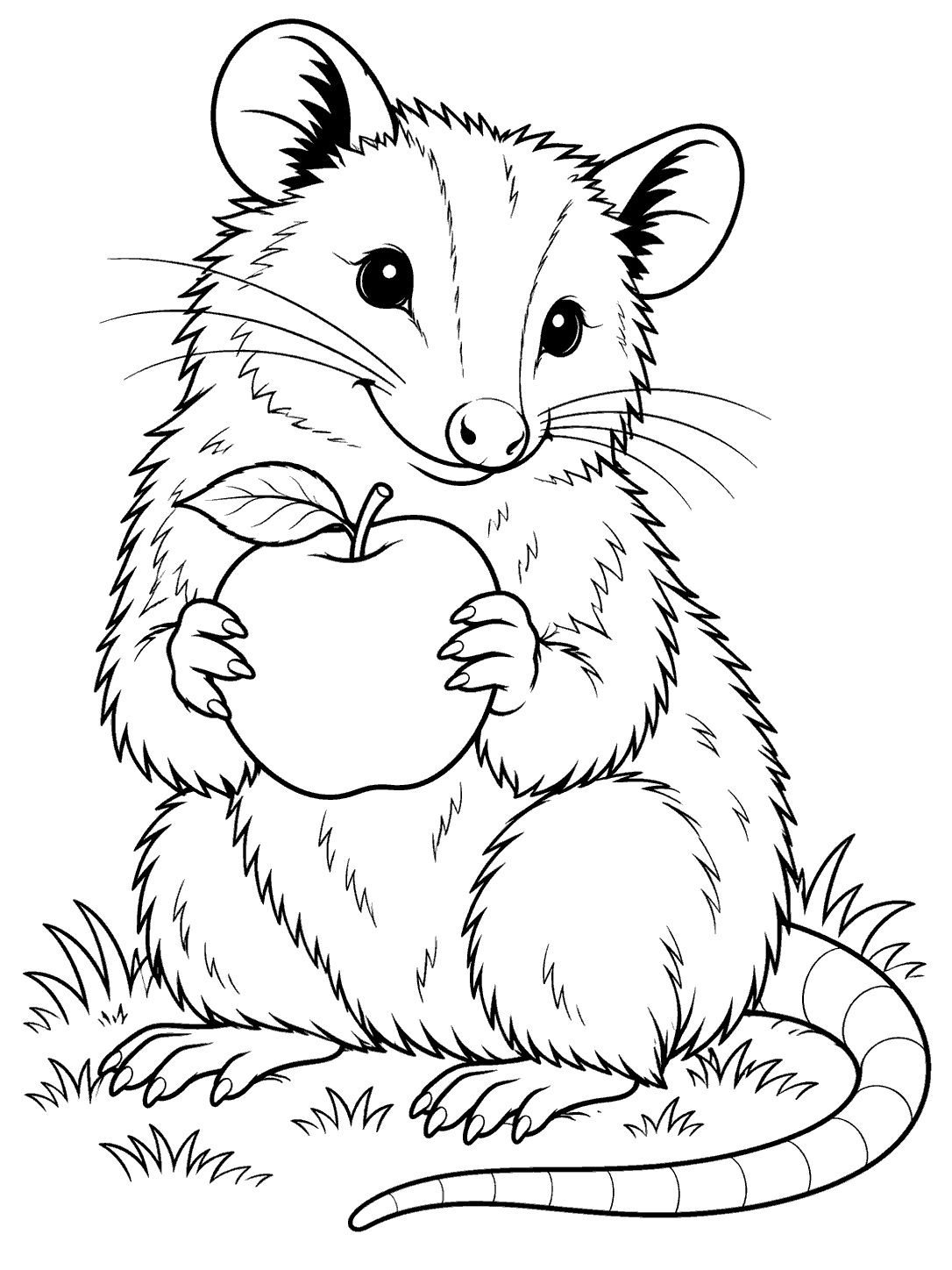 Seated opossum holding an apple with a long tail resting beside it on a patch of grass, drawn as a coloring page.