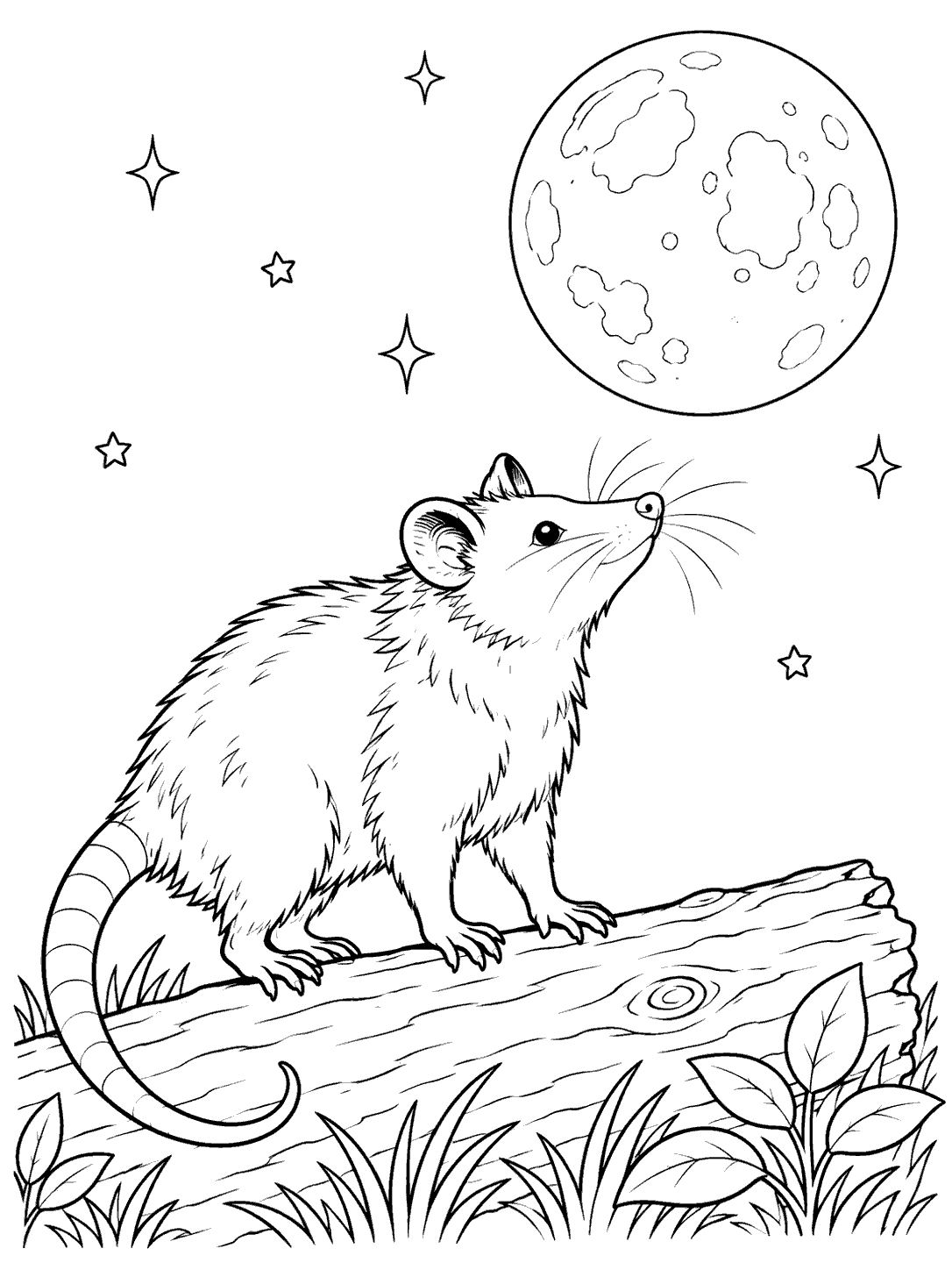 Opossum standing on a log beneath a large moon and stars coloring page