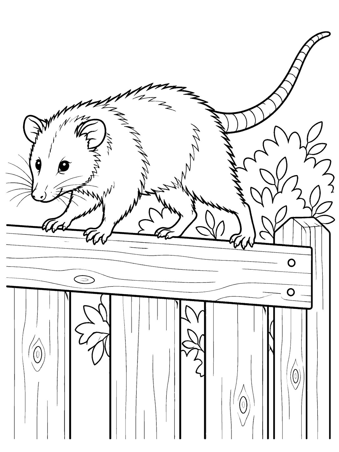 Opossum balancing on a fence coloring page