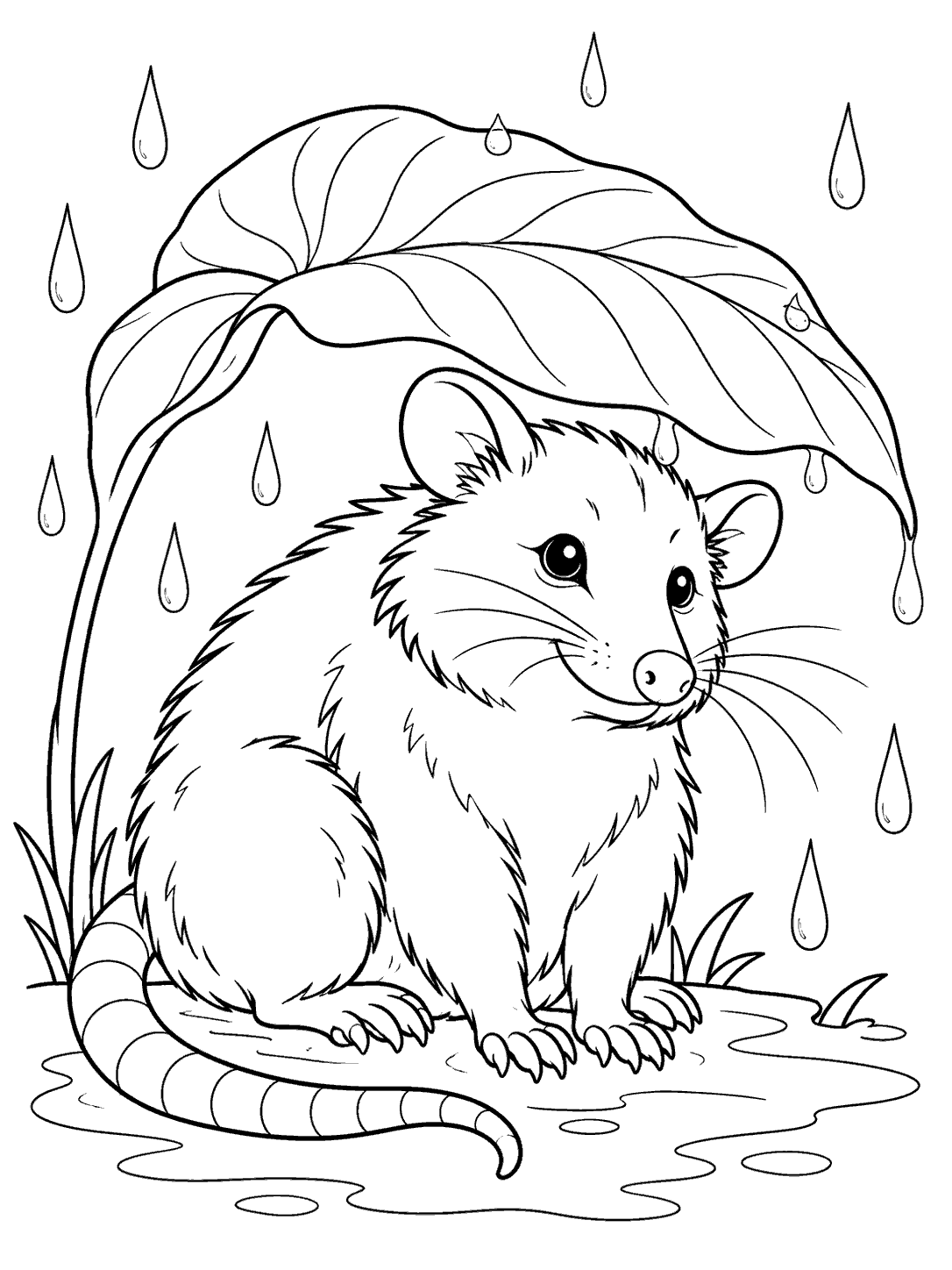 Opossum sheltered under a broad leaf in the rain, with raindrops and a puddle, as a coloring page