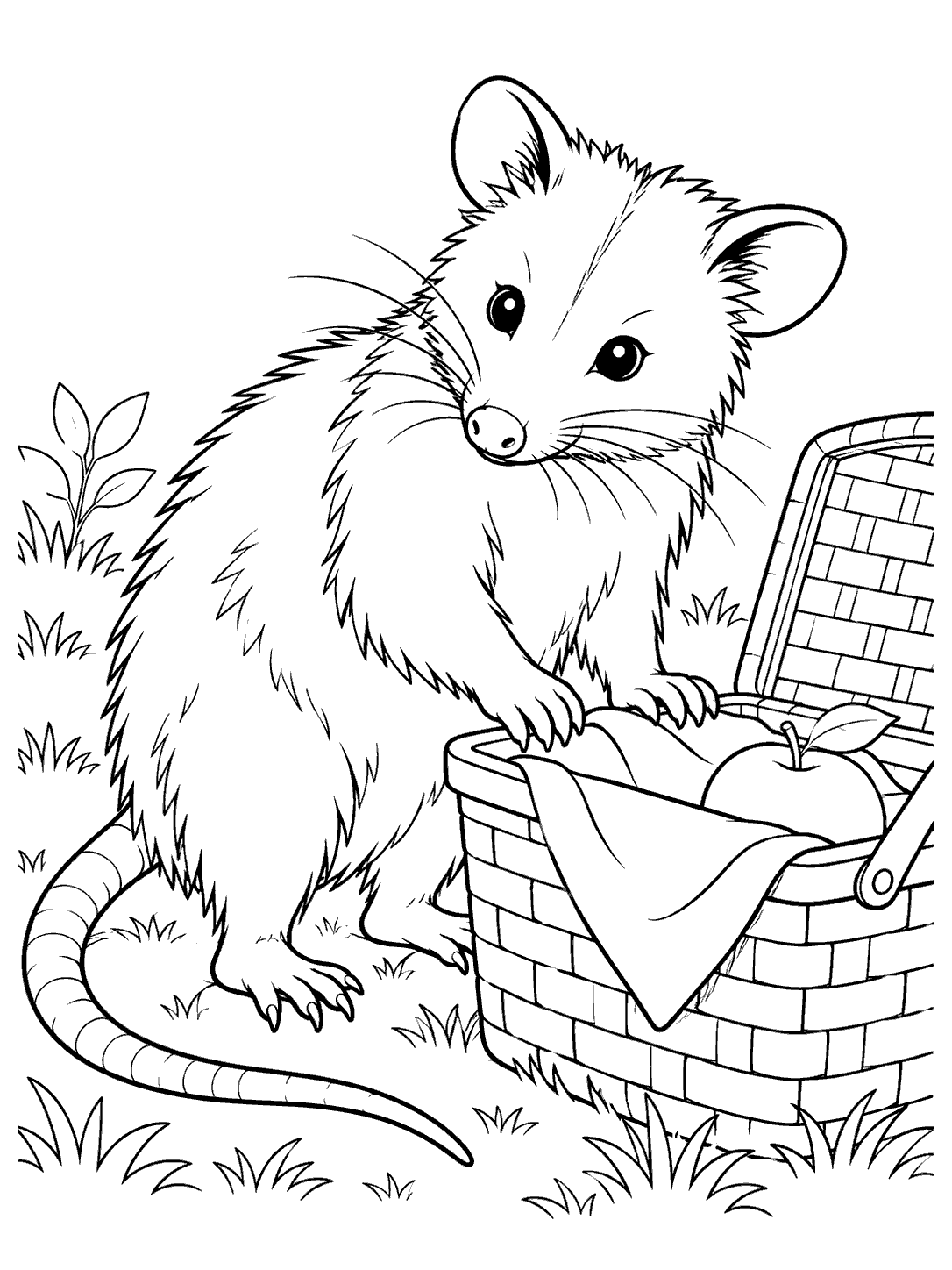 Black-and-white coloring page showing an opossum beside an open picnic basket with a cloth and apple.