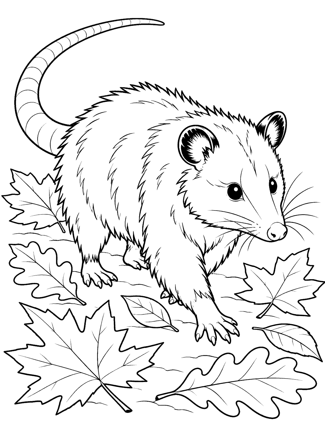 Walking opossum with a long curled tail among fallen leaves, in a black-and-white coloring page.