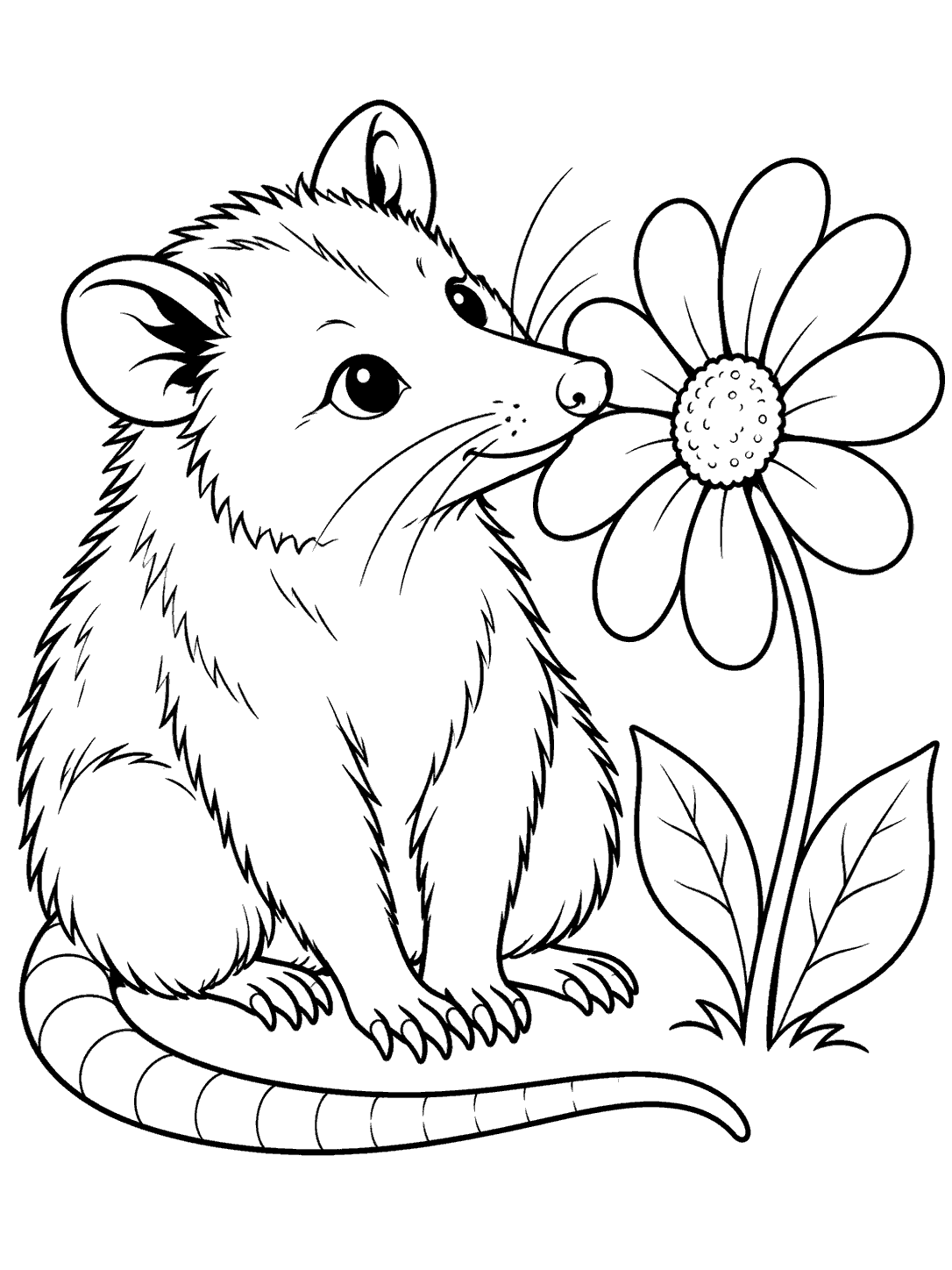 Seated opossum leaning toward a large daisy coloring page