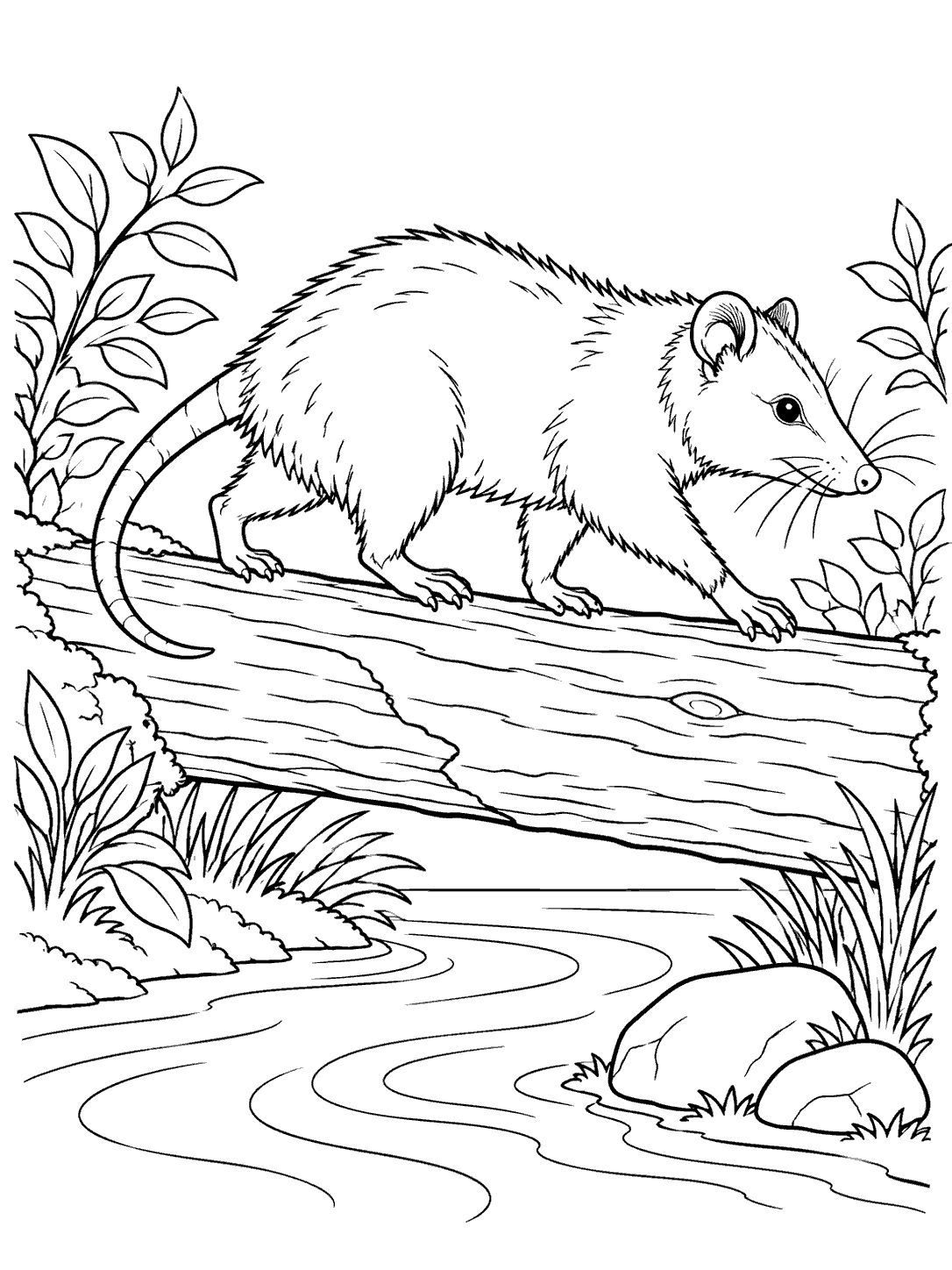 Side-view opossum crossing a fallen log over a stream, with two stones on the bank, in a printable coloring page.