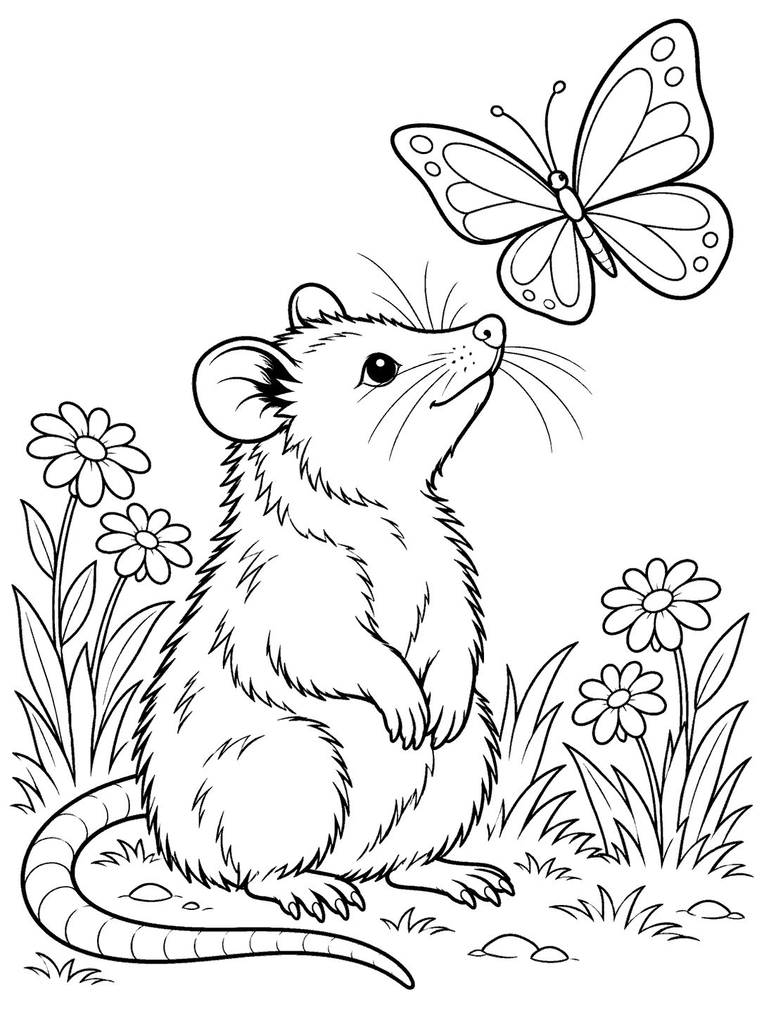 Upright opossum watching a large butterfly in a flower patch, drawn as a black-and-white coloring page.