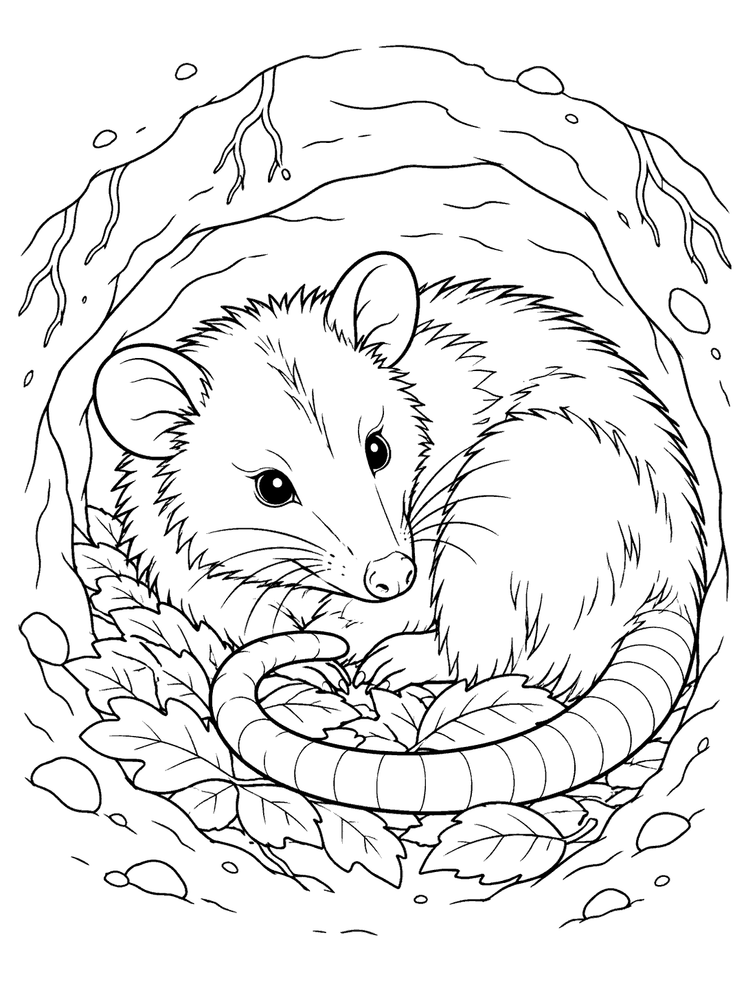 Line-art coloring page of an opossum curled in a burrow, surrounded by leaves.