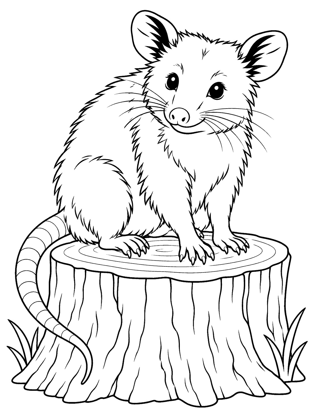 Opossum sitting on a tree stump coloring page