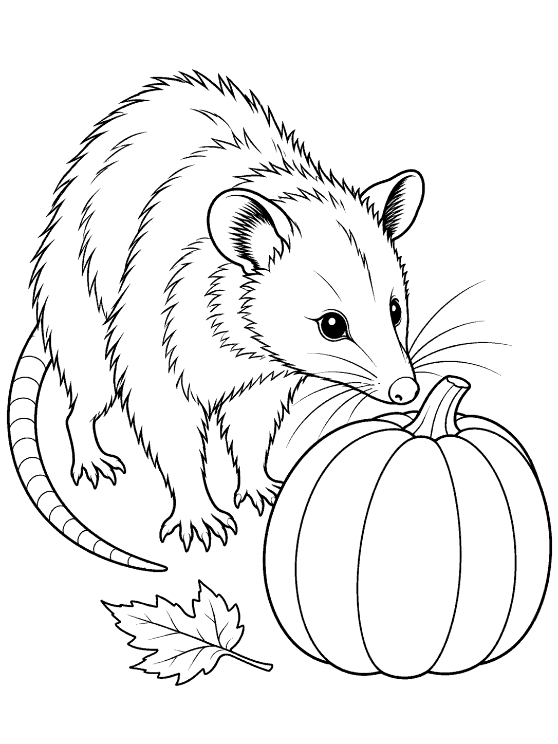 Black-and-white coloring page showing an opossum sniffing a large pumpkin beside a small leaf.
