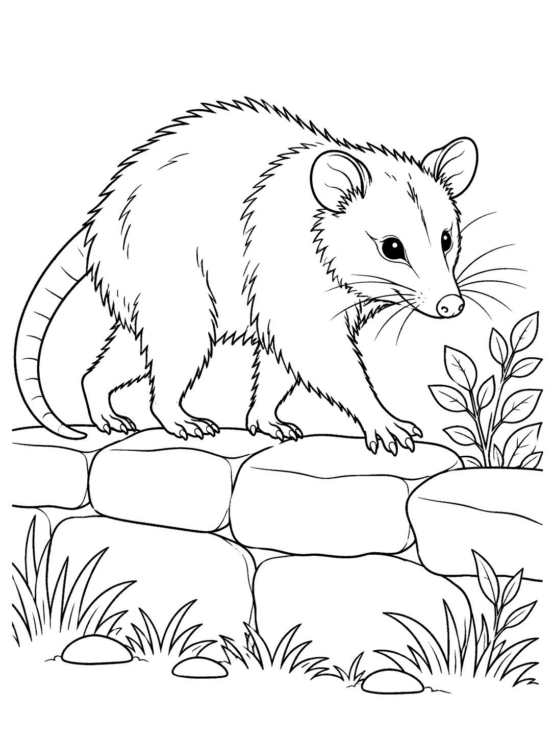 Opossum walking along a stone garden wall coloring page