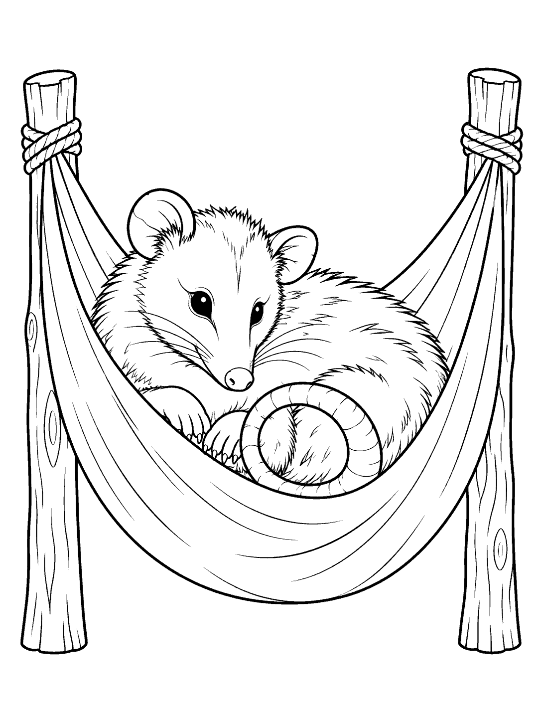 Black-and-white coloring page of an opossum curled in a hammock, its bare tail resting inside.