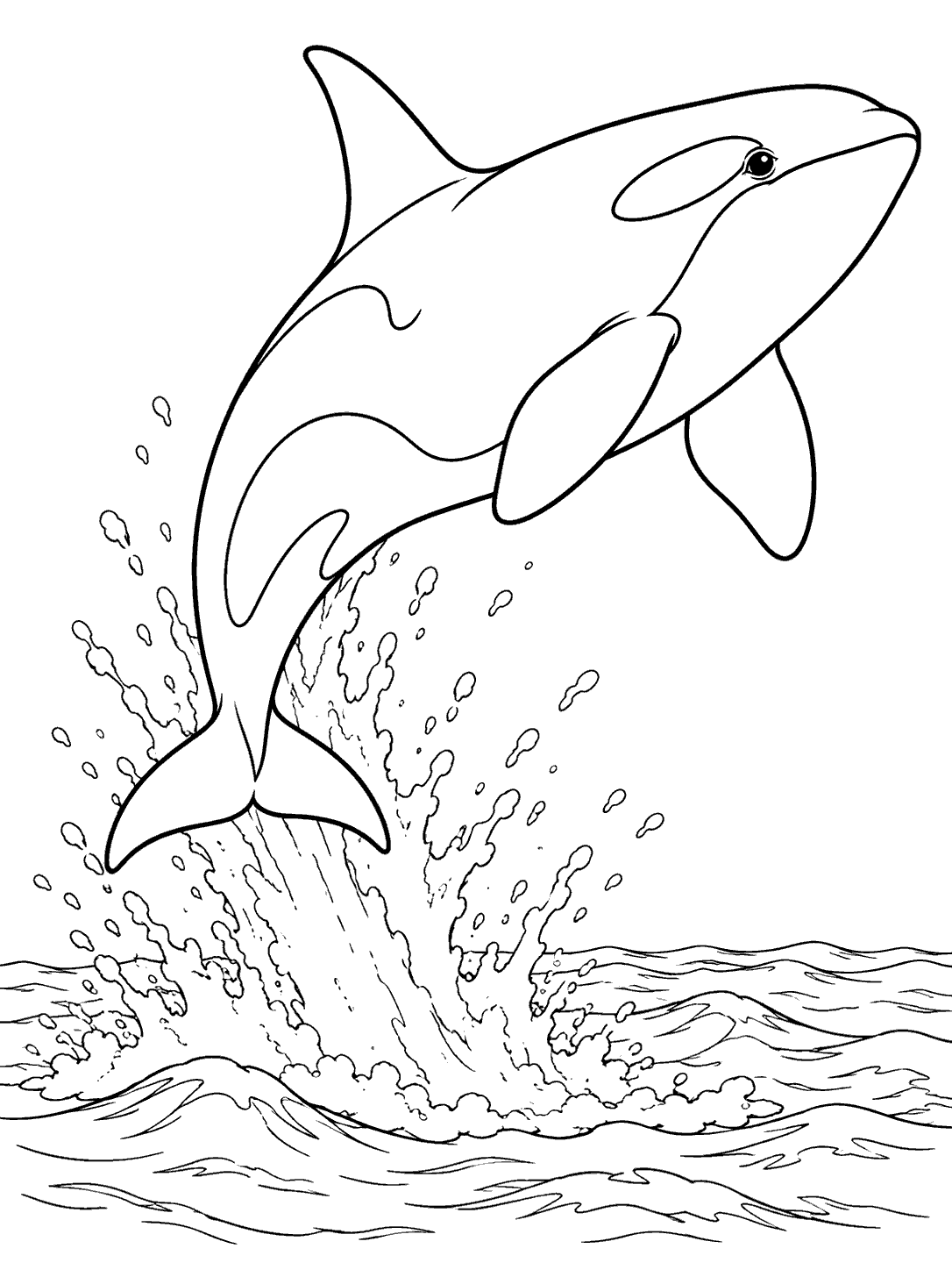 A black-and-white outline of an orca leaping above ocean waves and splashing water.