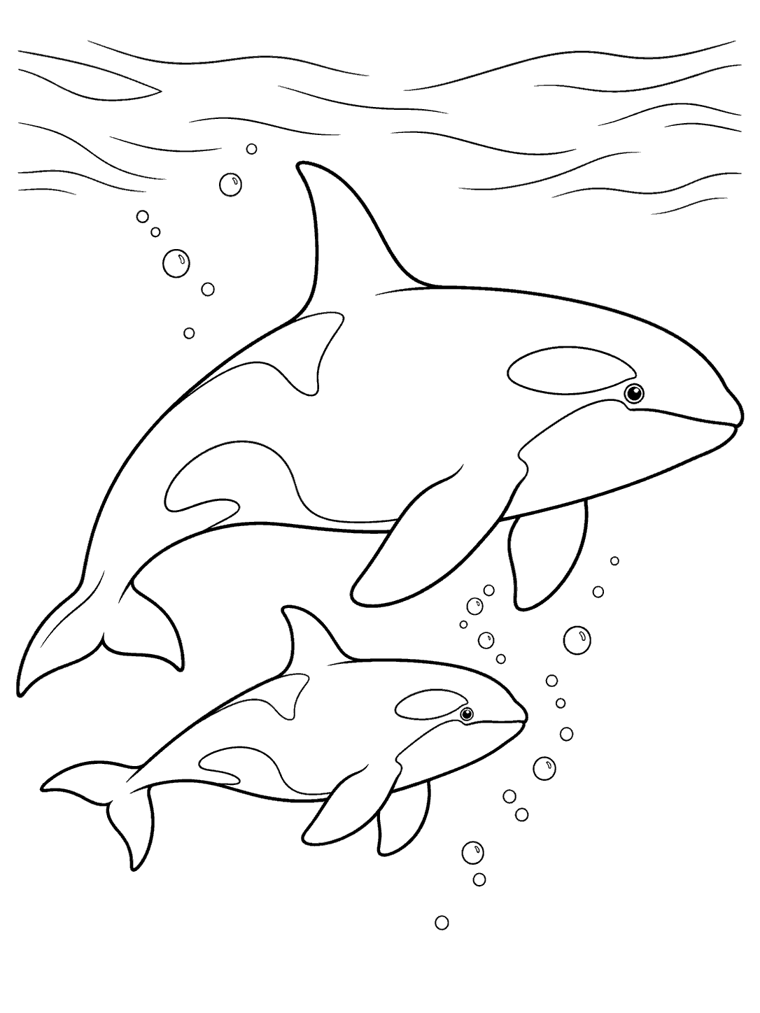 Black-and-white coloring page showing a large orca and a smaller calf swimming together in side profile, surrounded by bubbles and simple water lines.