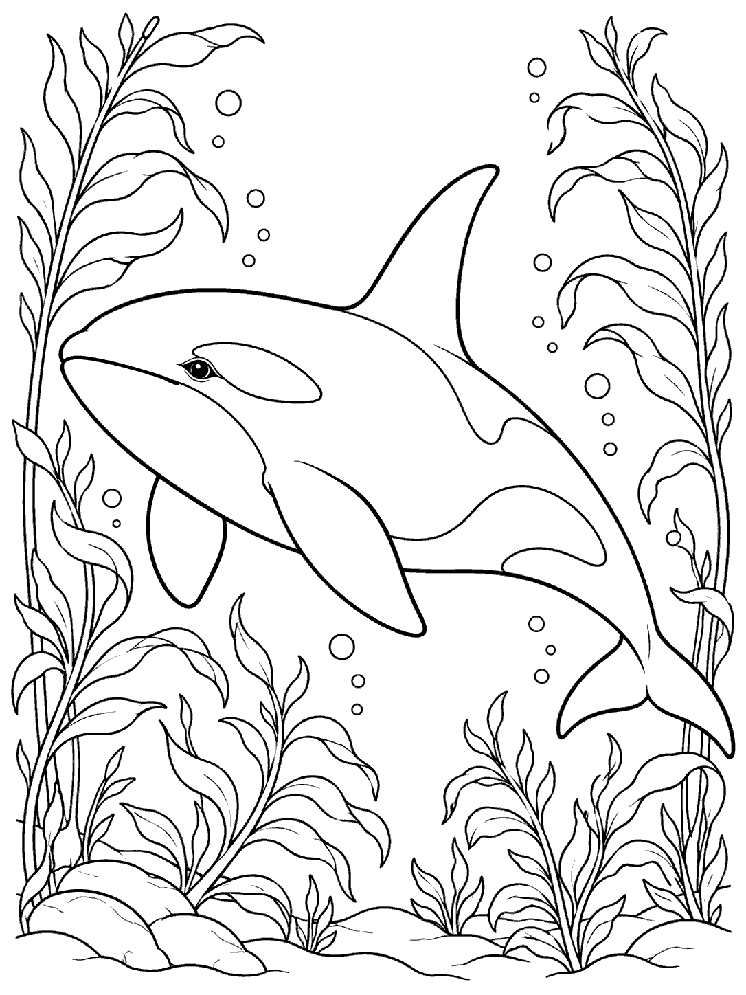 A large orca swimming among kelp stalks and bubbles in a printable black-and-white coloring page.