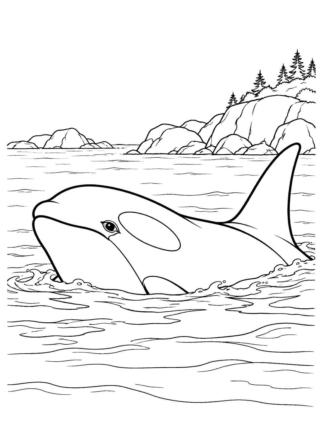 A large orca surfacing in rippled water beside a rocky, tree-lined coast.