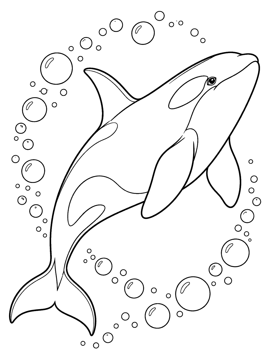 Full-bodied orca swimming diagonally through a loose circular trail of bubbles