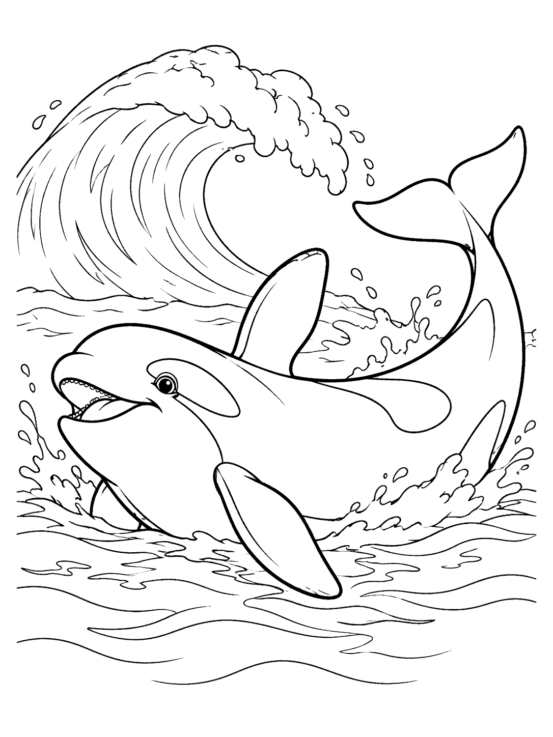 Orca rolling beside a large curling wave, with visible eye and saddle patches, flippers, and tail.