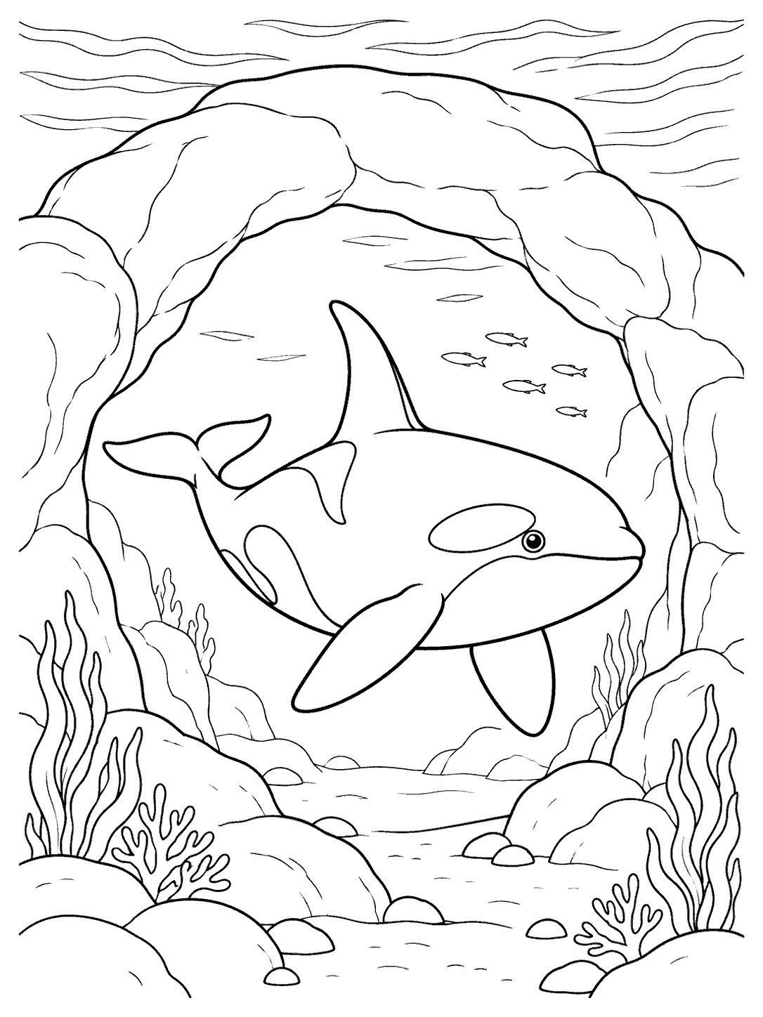 Orca swimming through a natural underwater rock arch with small fish in the background