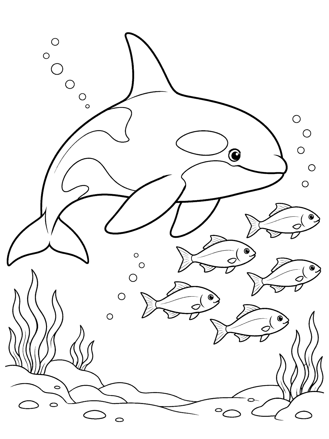 An orca swimming behind six fish above a simple seabed, with bubbles and seaweed.