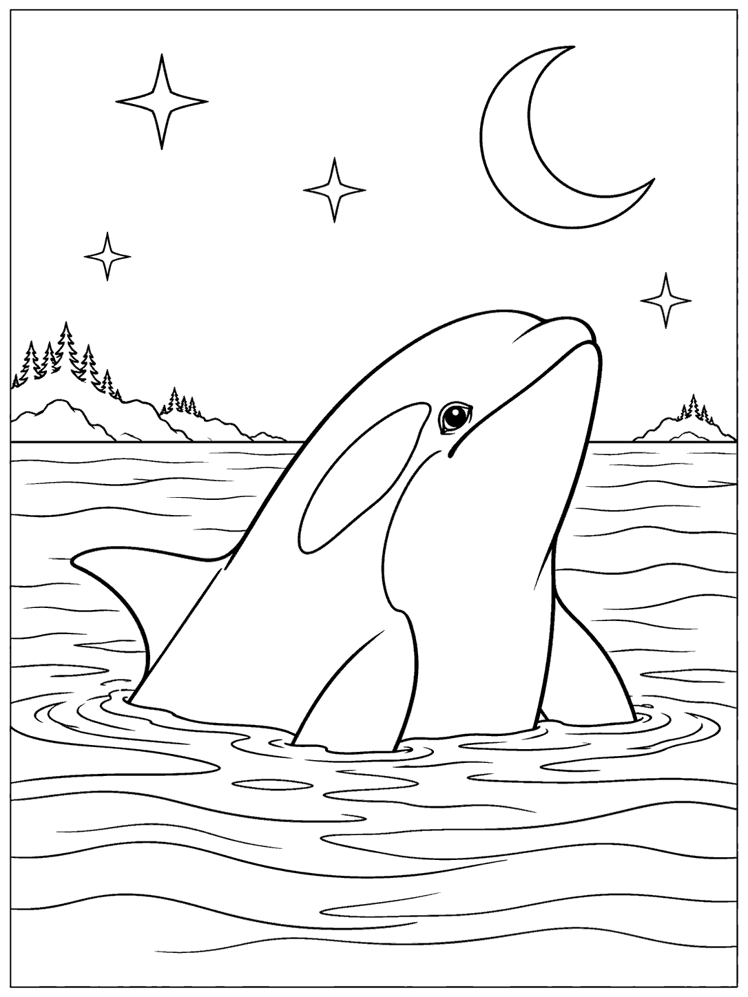 Orca surfacing beneath a crescent moon and stars, with a calm ocean and distant shoreline.