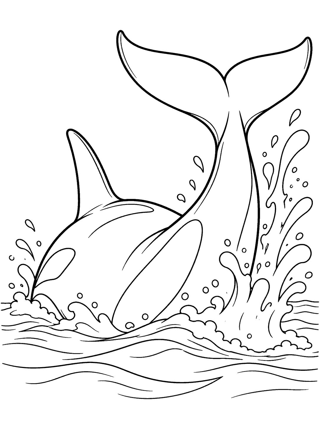 Rear view of an orca lifting its tail above a playful splash