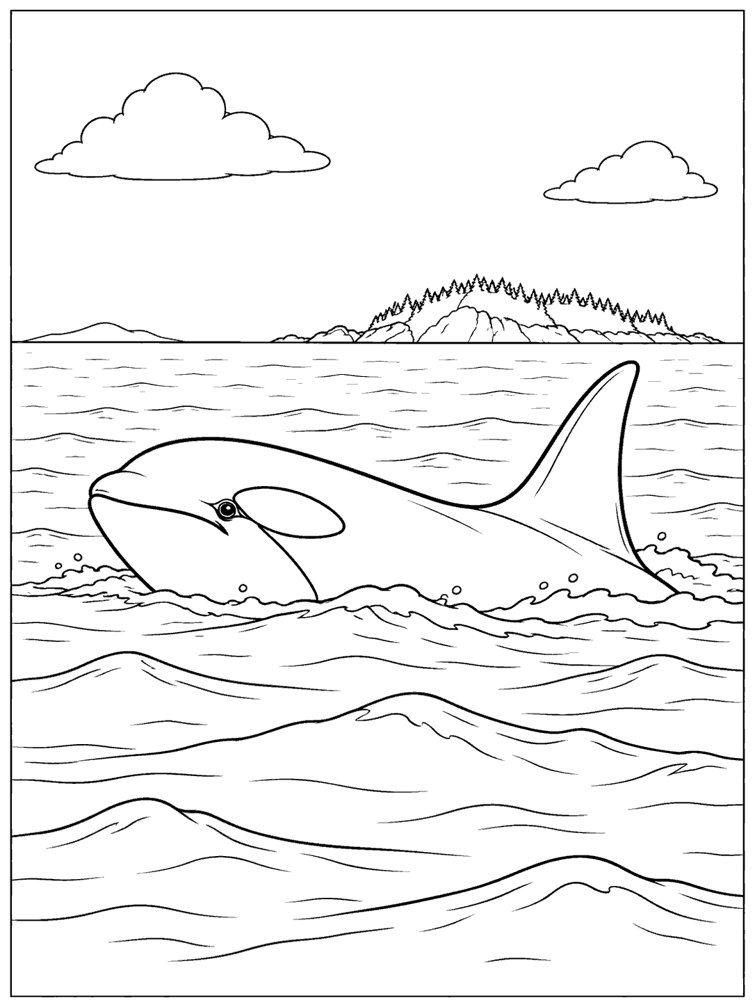A large orca surfacing among rolling waves, with a distant island and two clouds.