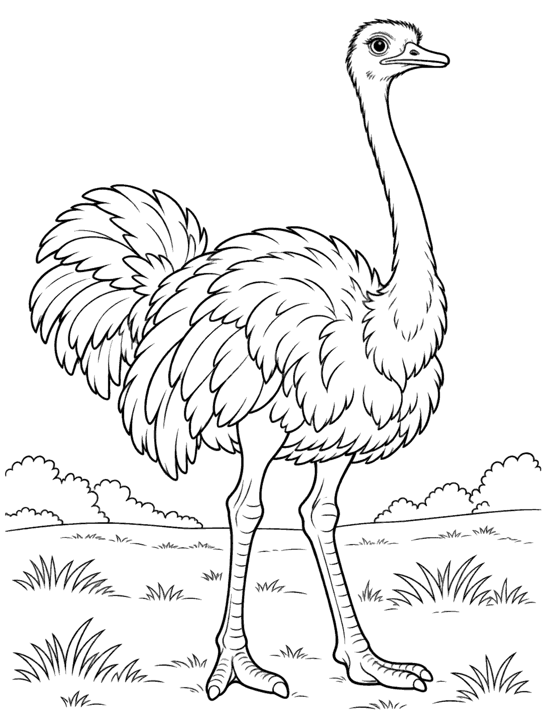 Full-body ostrich standing upright in a field, with layered feathers and grass tufts.