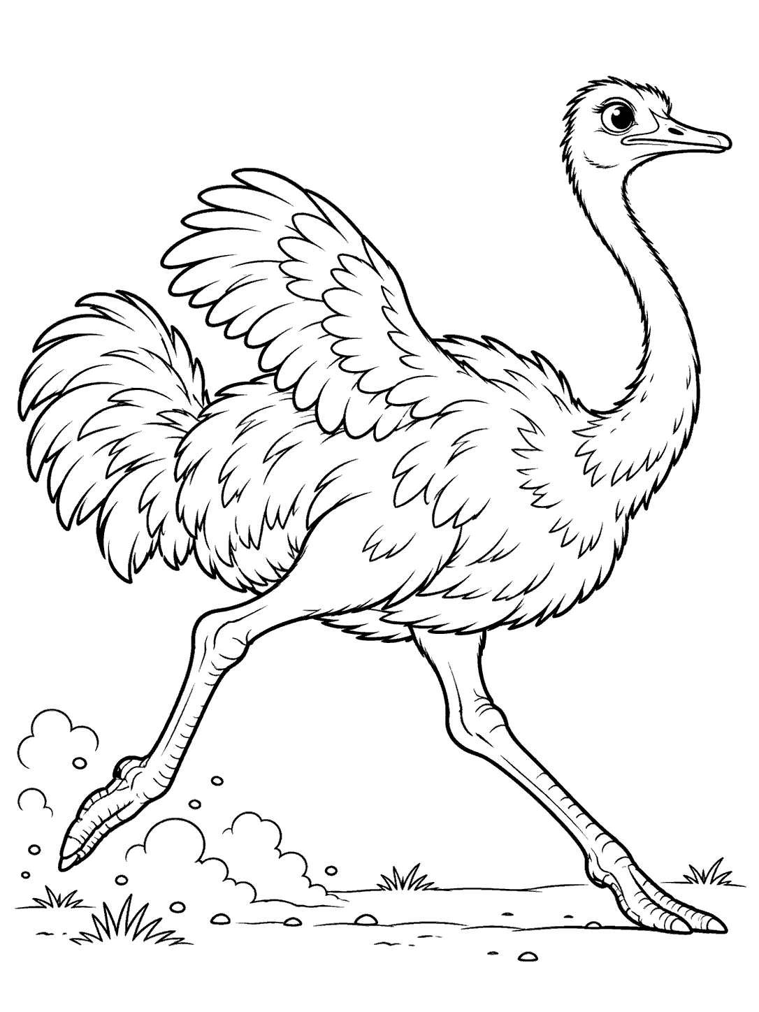 Black-and-white coloring page of a running ostrich with one wing raised, dust puffs, and a simple ground line.