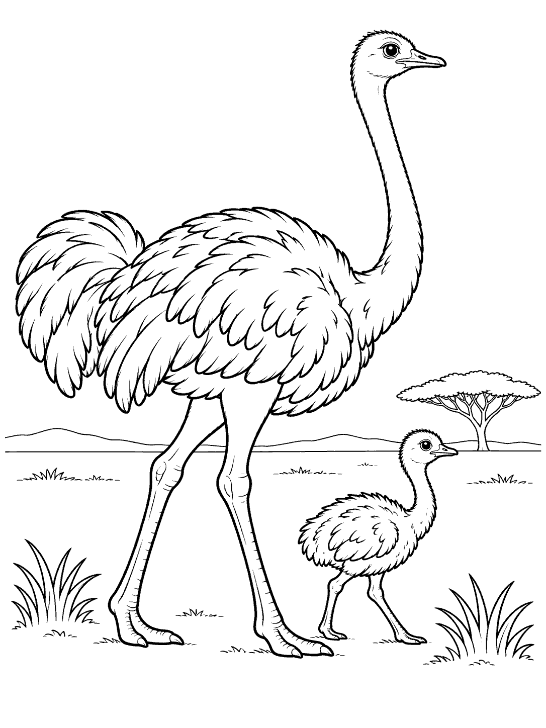 Black-and-white coloring page showing a large adult ostrich beside a smaller chick, with grass tufts and a distant flat-topped tree.