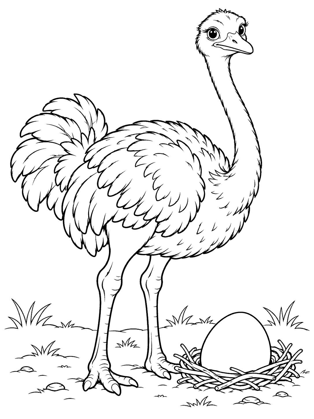 Ostrich standing beside a large egg in a shallow twig nest