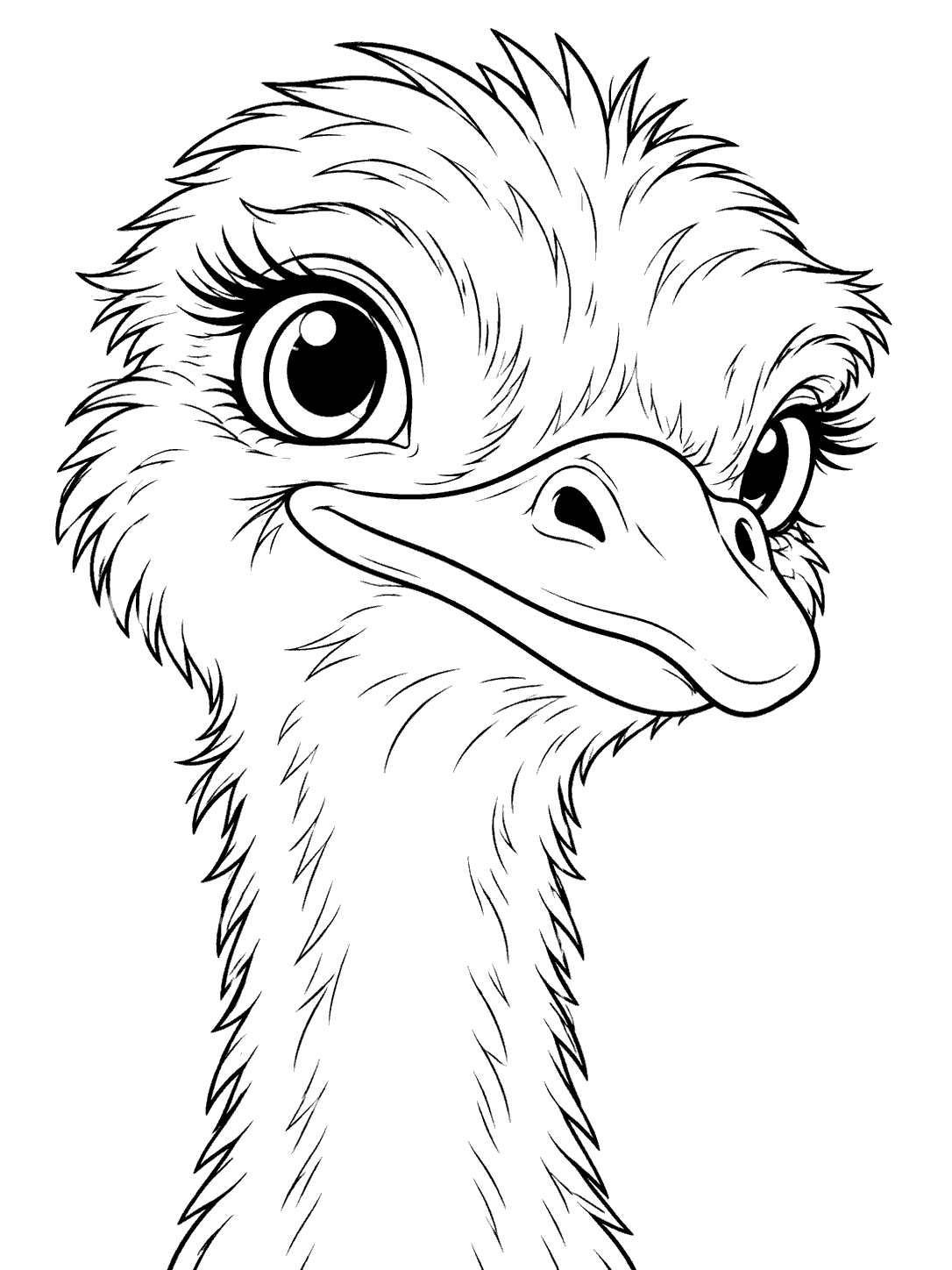 Black-and-white close-up portrait of an ostrich head and upper neck with large eyes and a rounded beak.