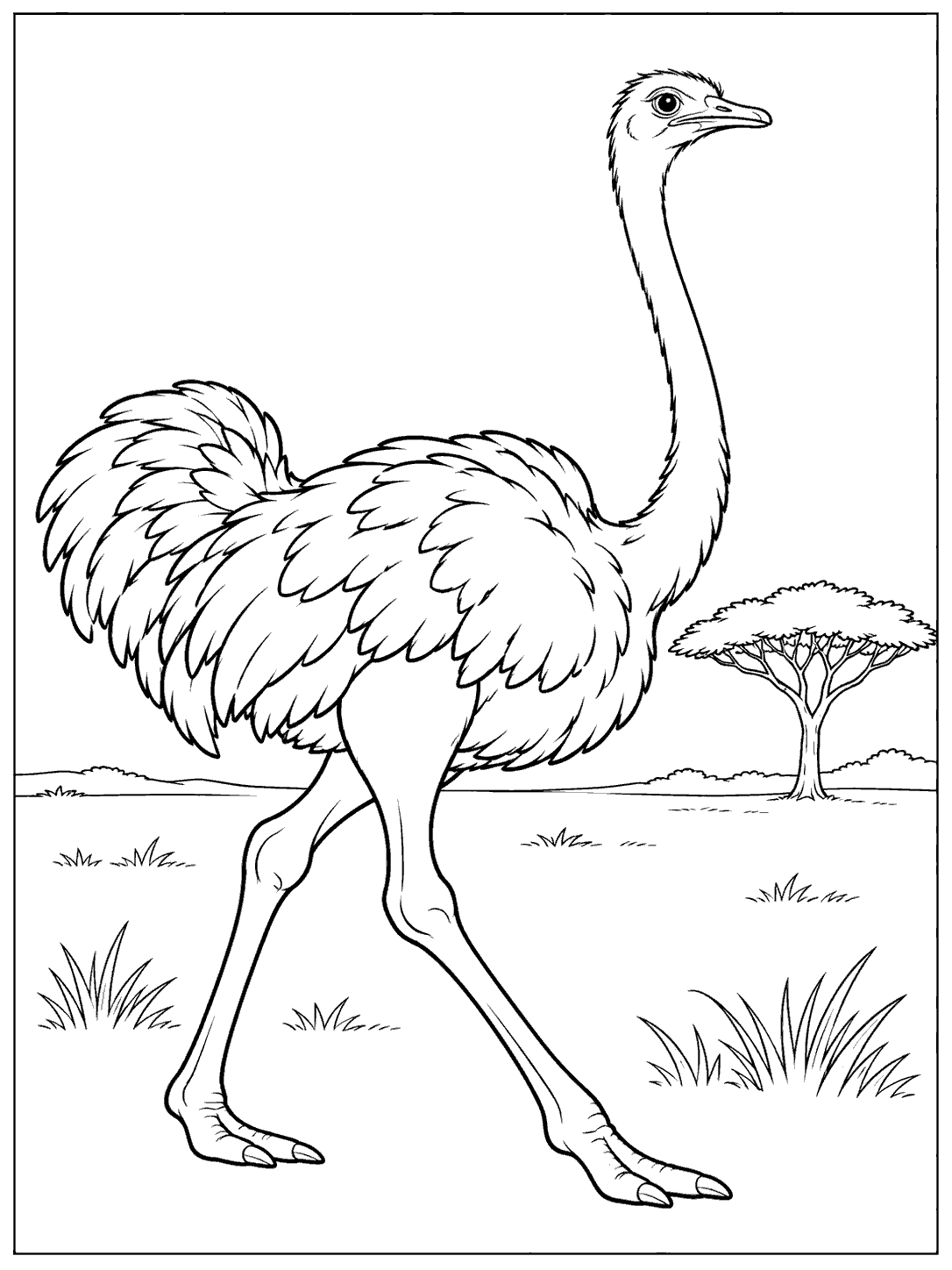 Black-and-white outline of a full-body ostrich walking across a sparse savanna, with one flat-topped tree, low horizon, and grass clumps.