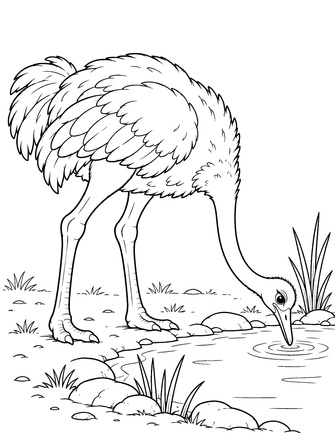 A long-necked ostrich bends down to drink from a small watering hole surrounded by sparse reeds and stones.